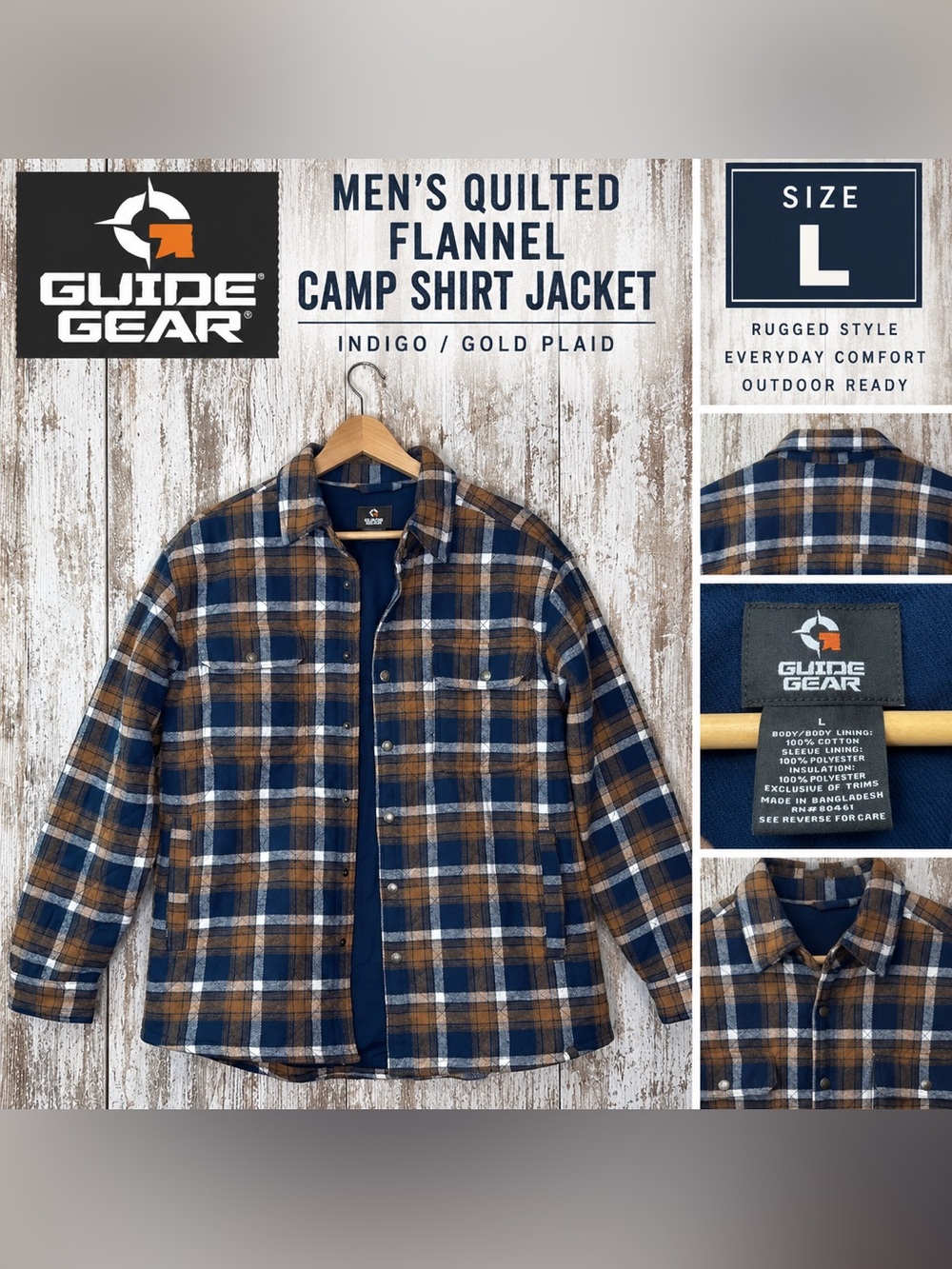 Guide Gear Quilted Flannel Shirt Jacket Men’s L Indigo Gold Plaid Insulated